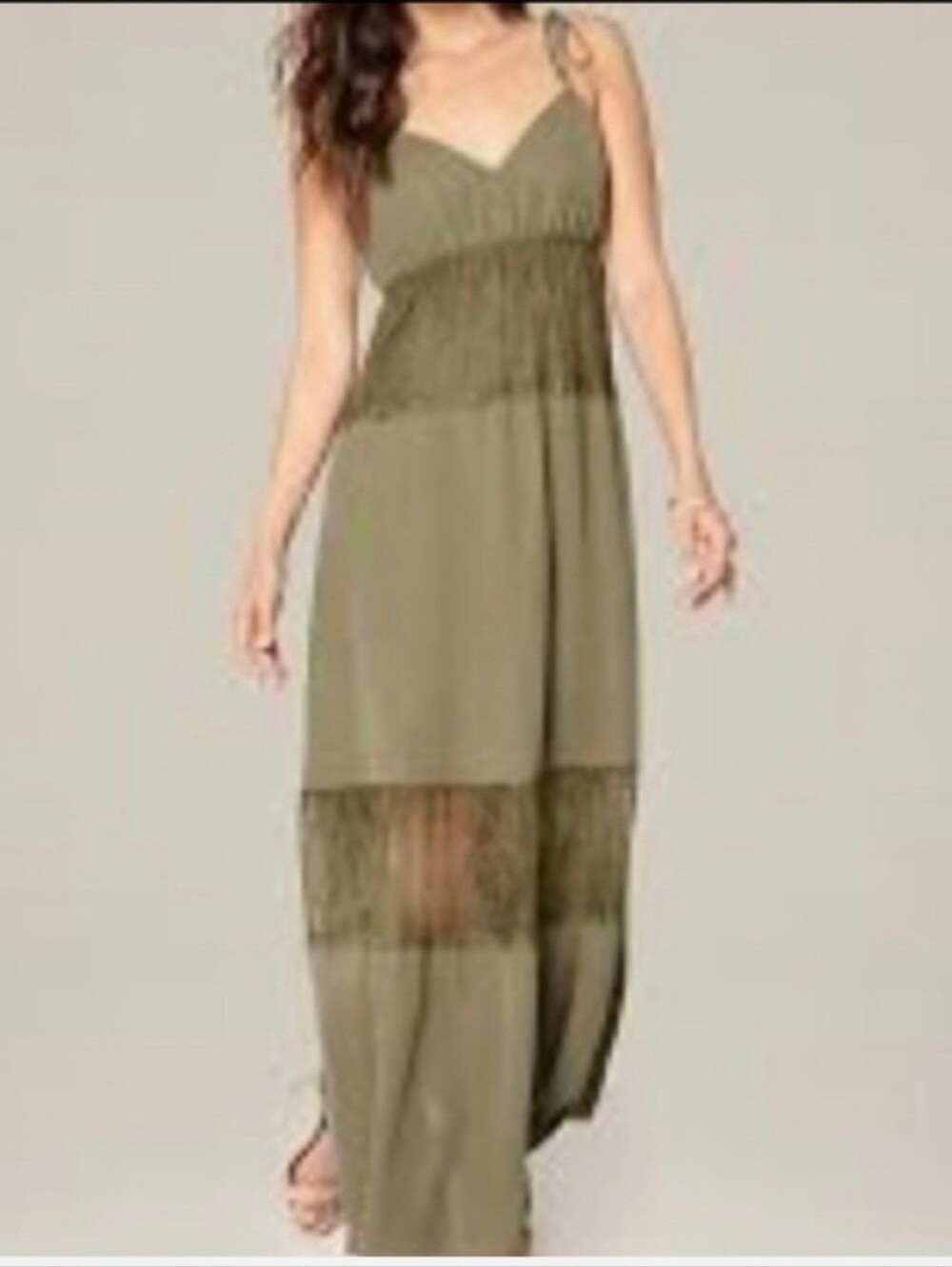 Bebe Olive Lace-Trim Maxi Dress with Spaghetti Straps